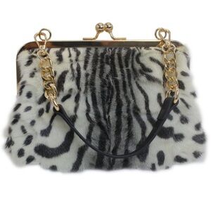 Luxury Mink Fur Leopard Print Handbag Small Kiss Lock Purse With Gold new